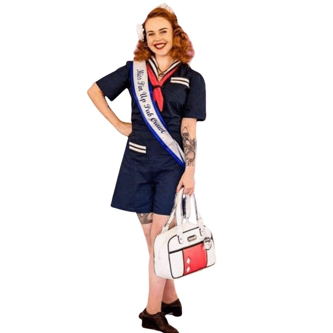 Model wearing sailor girl suit made from Simplicity 3673