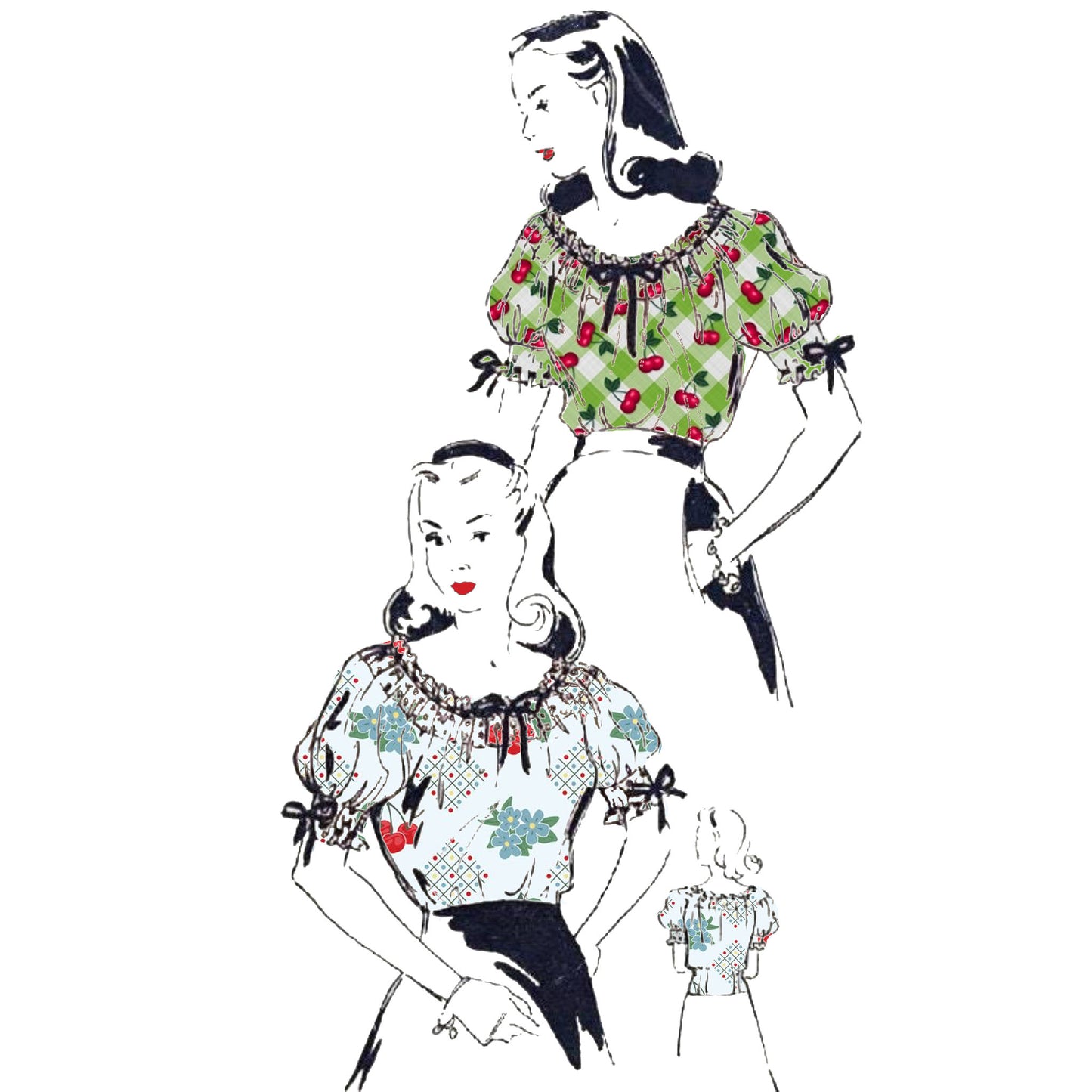 Illustration, two women face forwards wearing blouse, and one woman facing backwards wearing blouse.