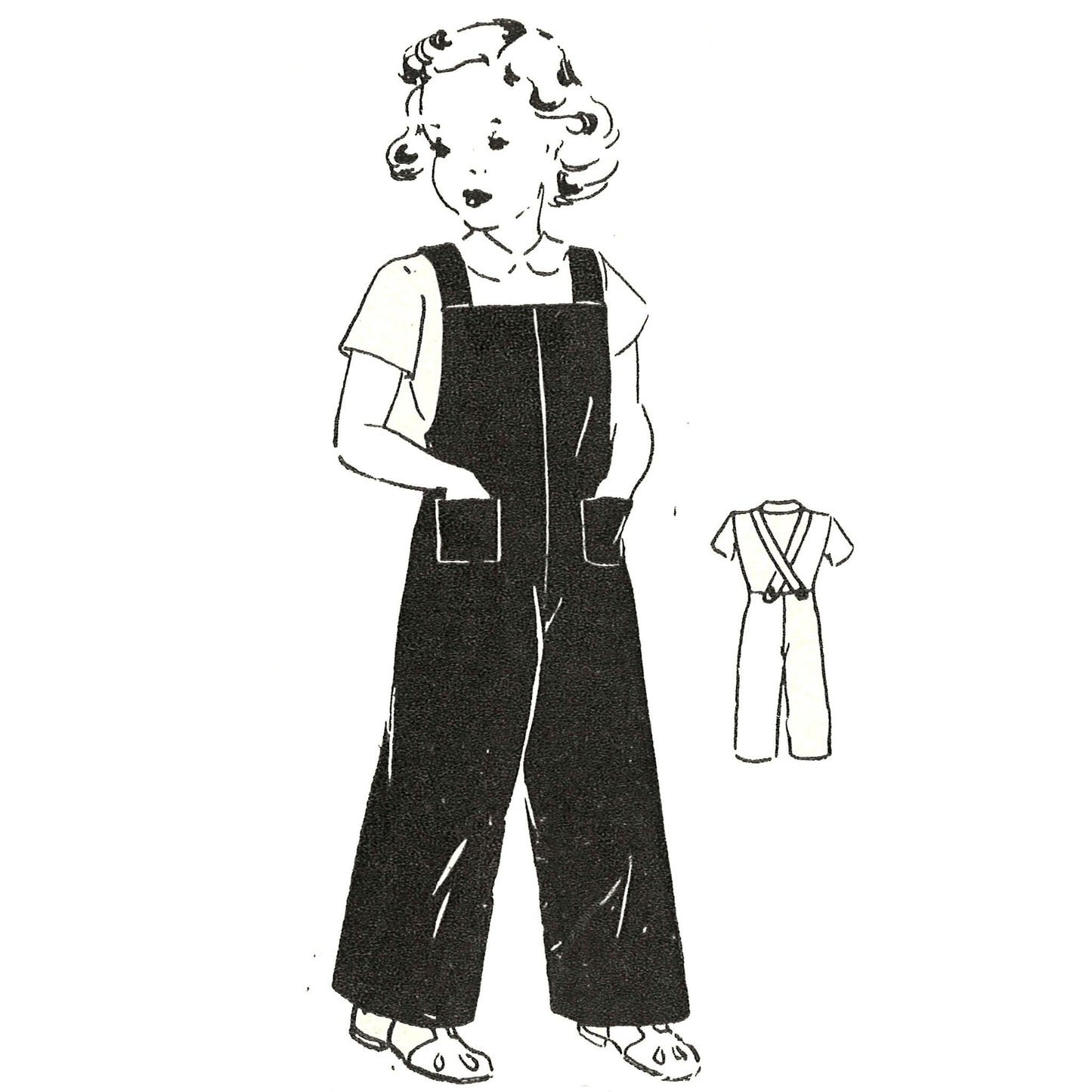 A black and white line drawing of a child wearing overalls. The child is standing with their hands in their pockets. The overalls have two large pockets on the front. There is a smaller line drawing of the overalls to the right of the child.