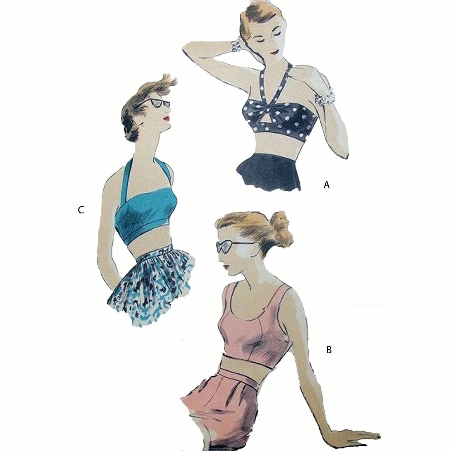 Models wearing halter neck and crop tops made using Vogue 7385 Sewing Pattern