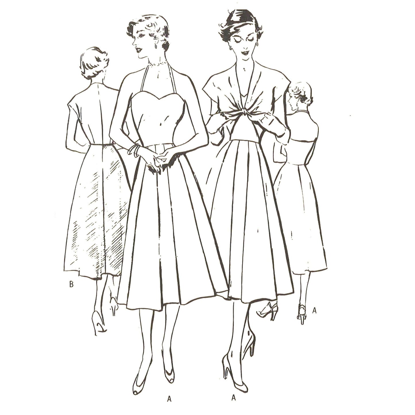 llustration of four women wearing vintage dresses on a white background