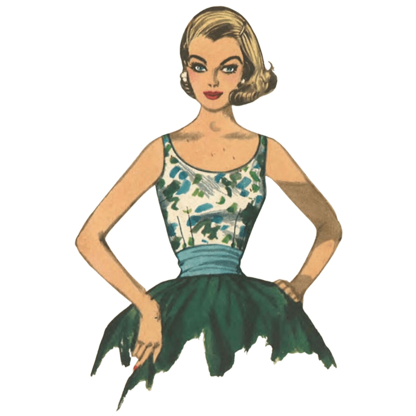 1 woman in a version of a top made from one pattern. V neck or scooped neck and cropped or full length sleeveless and dart fitted