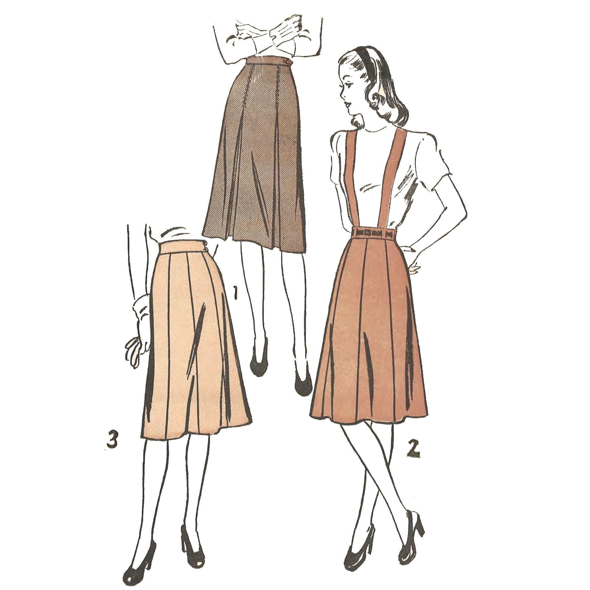 1940 年代のパターン、女性のスカート、サスペンダー、ブレス ...