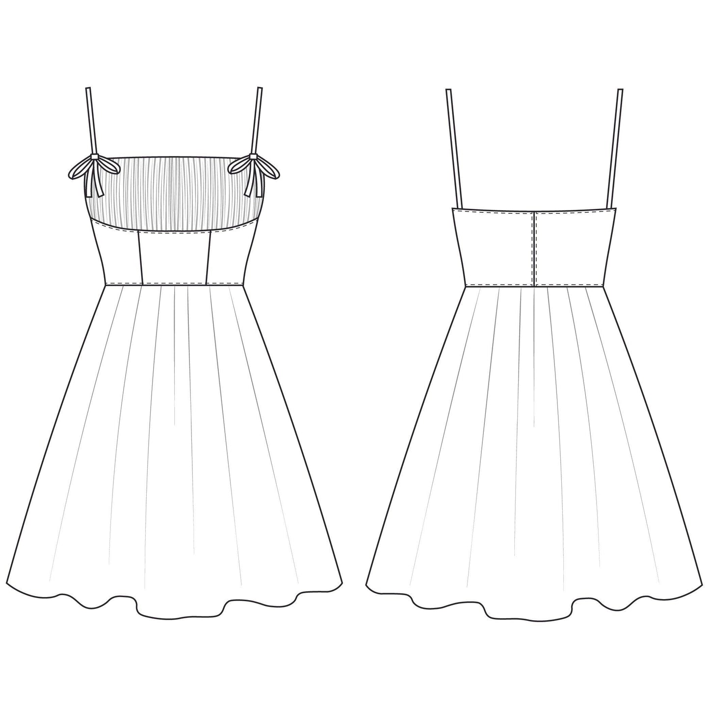 Line drawing front and back views of "Marilyn Monroe Style Bombshell Dress"