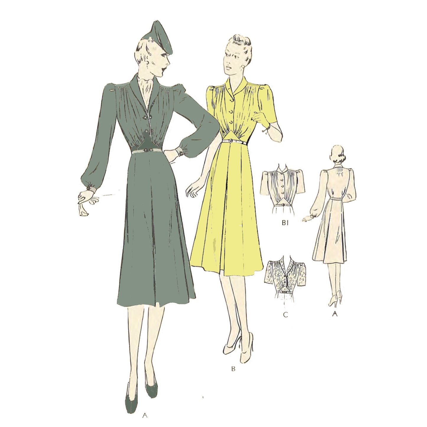 Two models wearing dresses with long and short sleeves made from sewing patterns