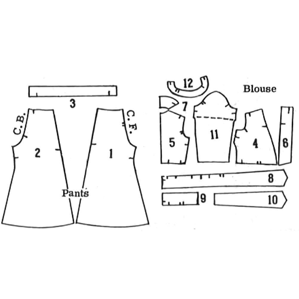 Line drawing of all pattern pieces included in "1970s Pattern, Palazzo Pants and Wrap-Around Blouse"