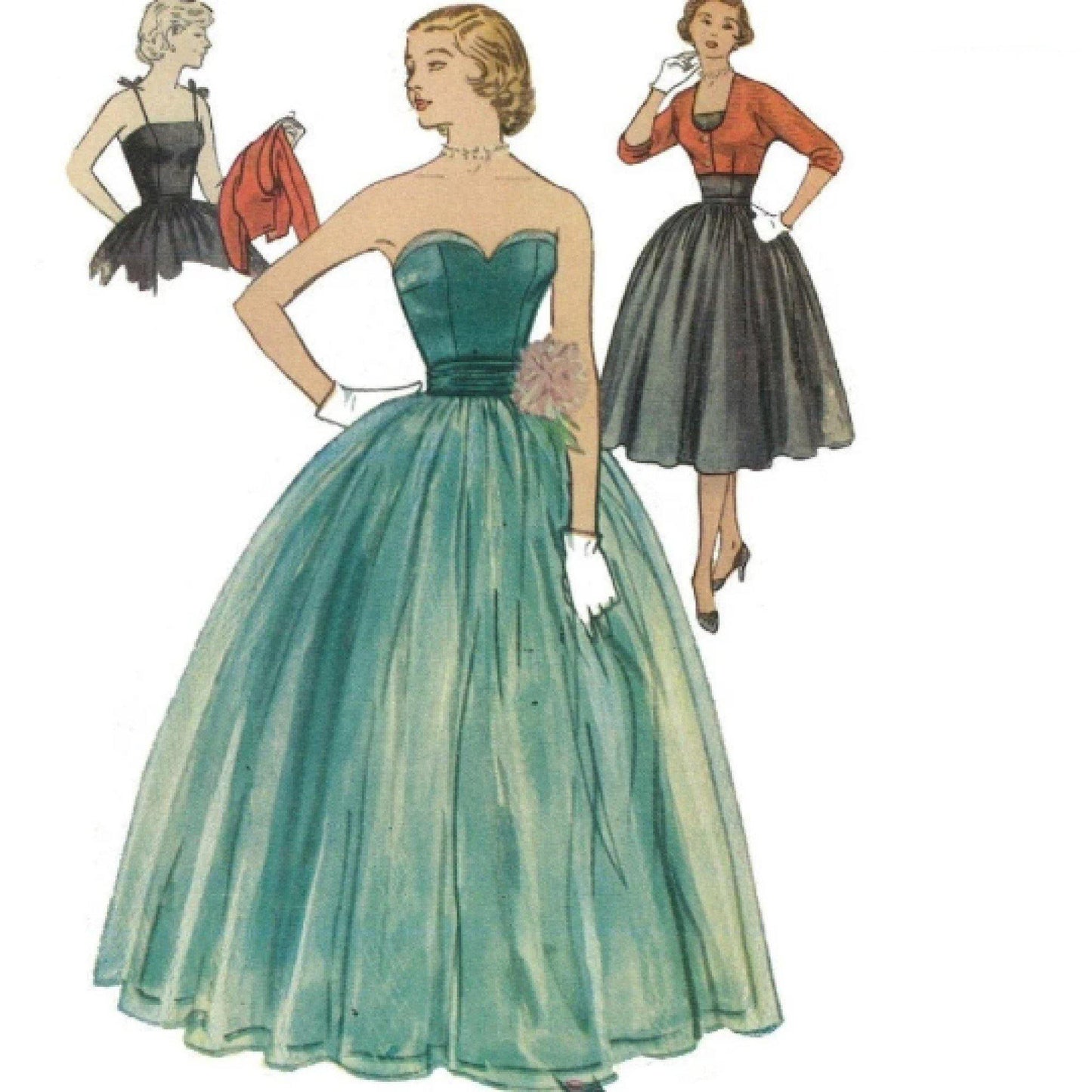 Illustration of a vintage 1950s evening gown, skirt, top, and bolero jacket pattern. Three separate illustrations showing different views of the patterned clothing items.
