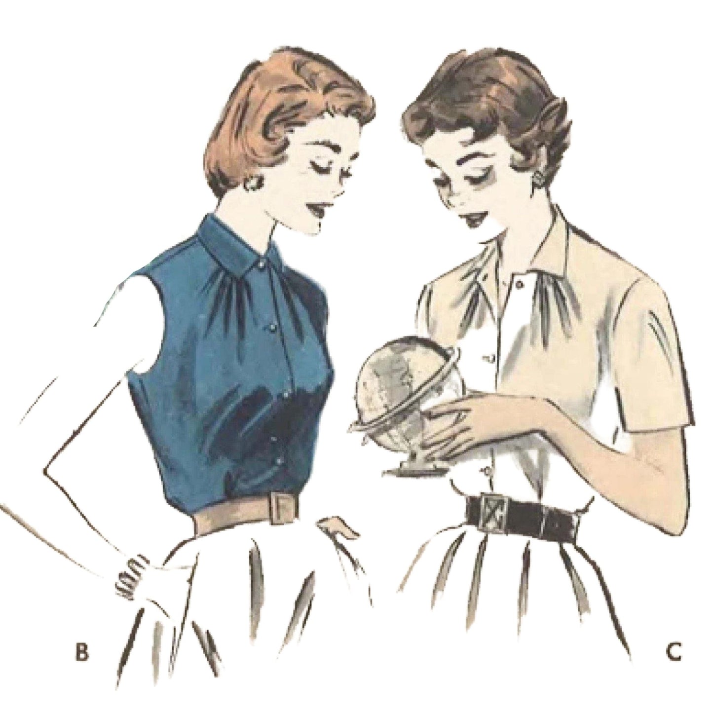 Illustration of two women wearing different styles of a button front blouse, one with a round neckline and the other with a Peter Pan collar.
