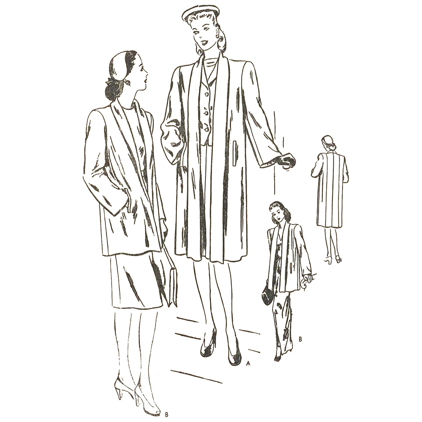 Line drawing of a woman wearing a 1940s style coat with tuxedo lapels, a mannequin in a similar coat, and a smaller scale drawing of a man in a suit. All are depicted in black and white.