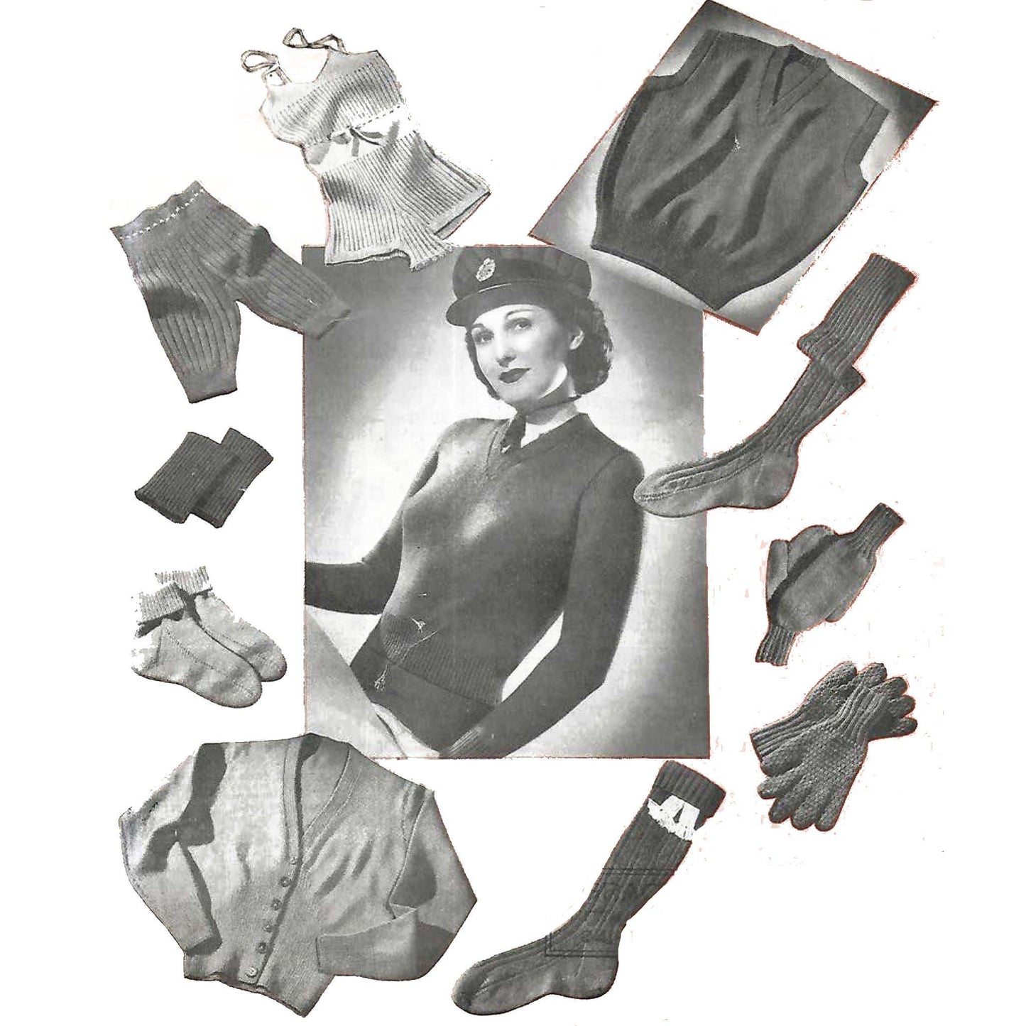 Vintage-style illustration of a woman in uniform with clothing items around her on a textured beige background.