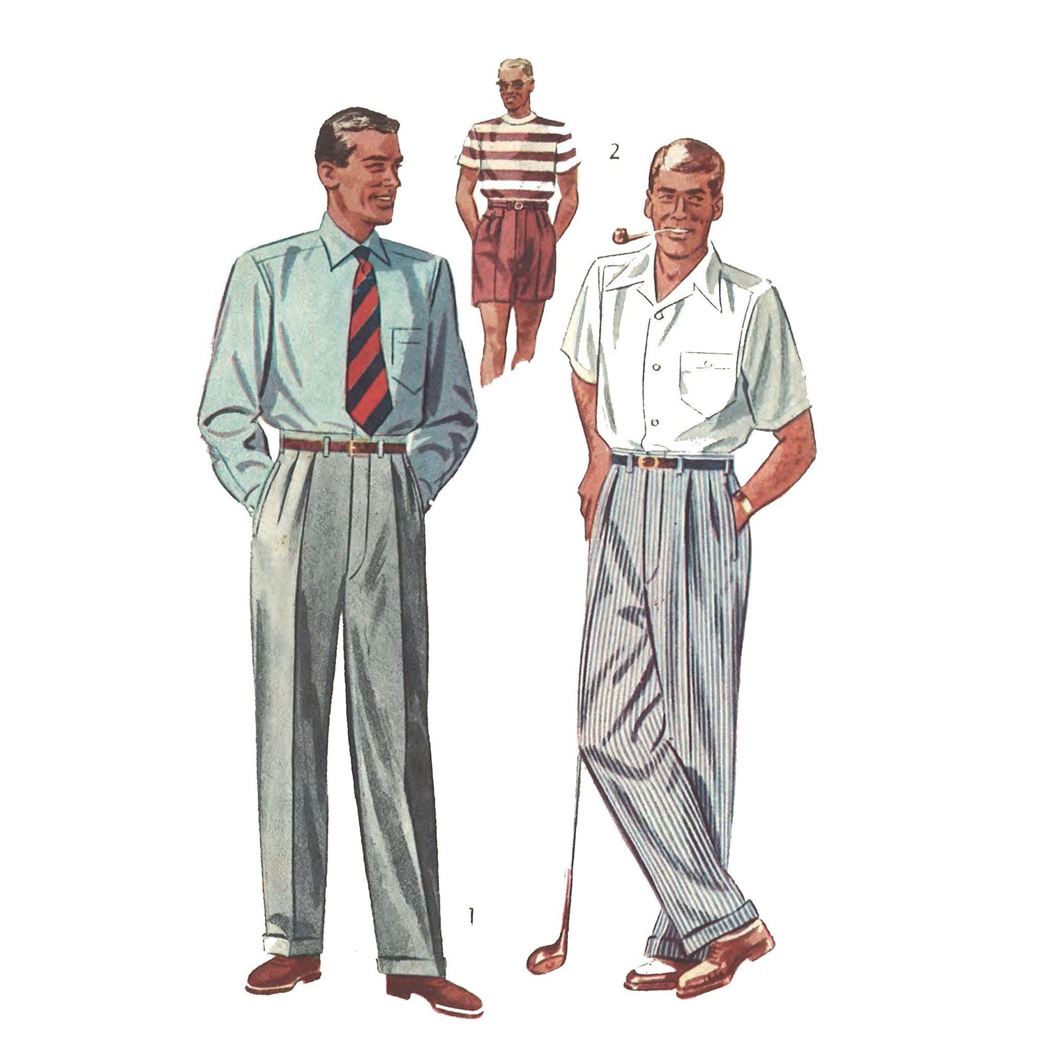 Vintage sewing pattern illustration of 3 mean wearing 50's slacks and shorts