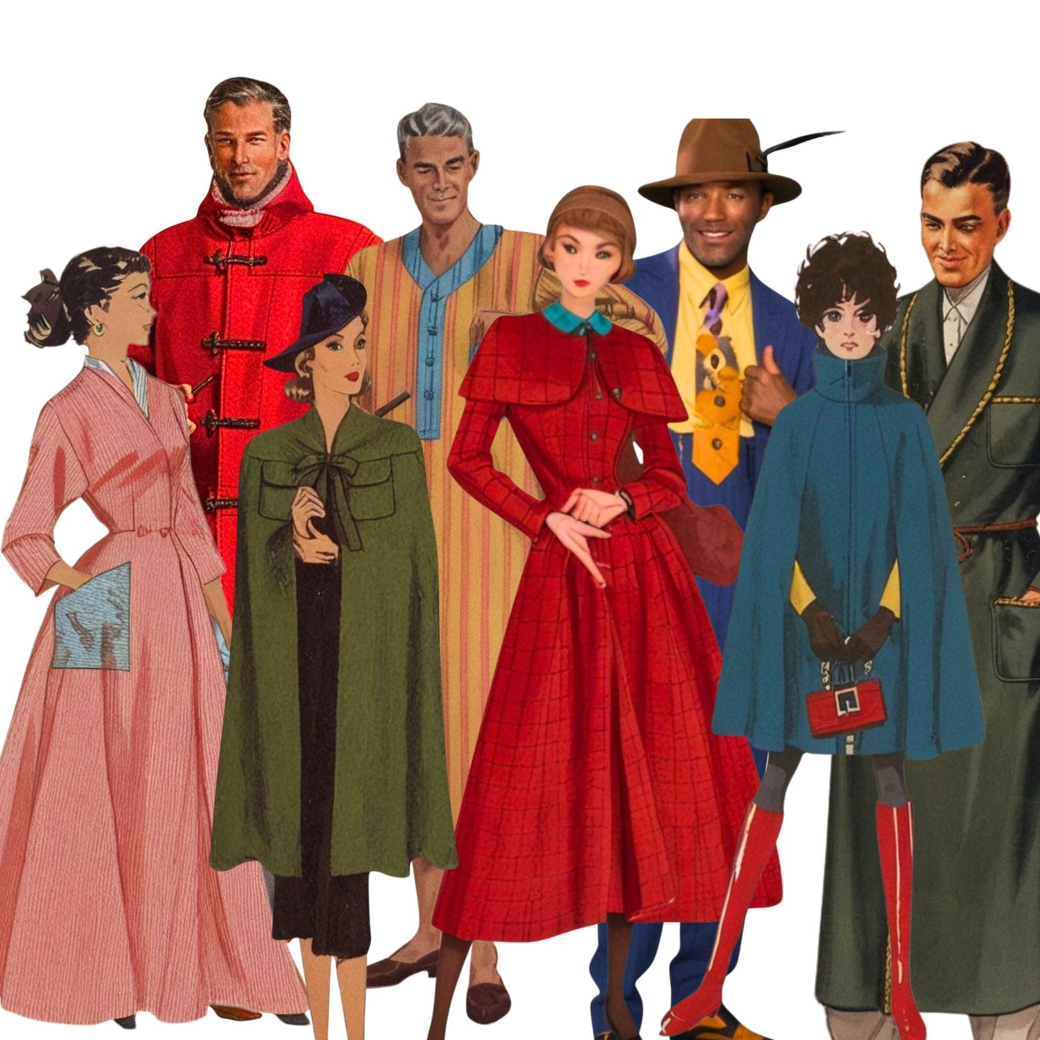 Men and women dressed in vintage clothing made up from vintage sewing patterns.