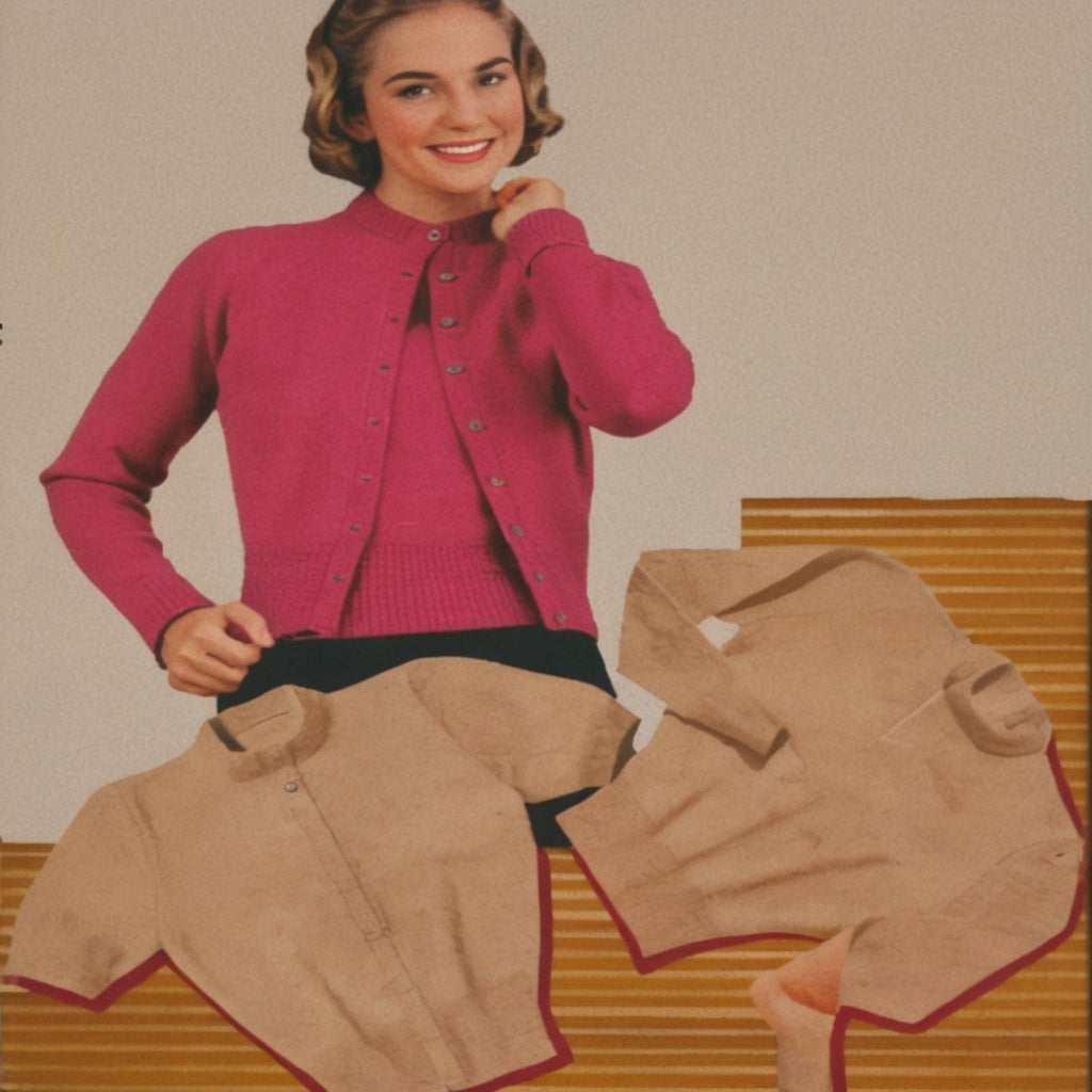 A woman smiling and posing with a pink twin set jumper and cardigan, consisting of a jumper and several cardigan pieces laid out on a surface.