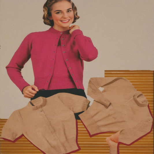 A woman smiling and posing with a pink twin set jumper and cardigan, consisting of a jumper and several cardigan pieces laid out on a surface.
