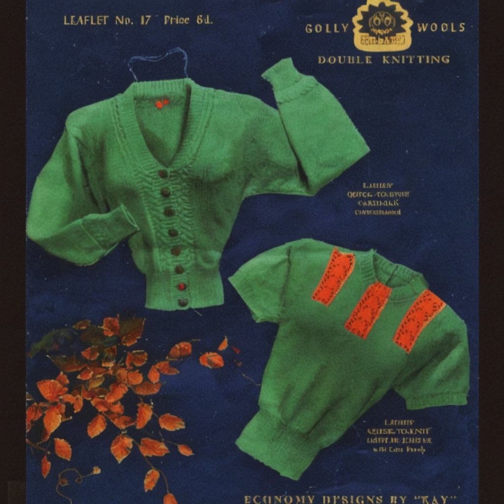 Knitted green cardigan aon a blue background with 'Golly Wools' branding.