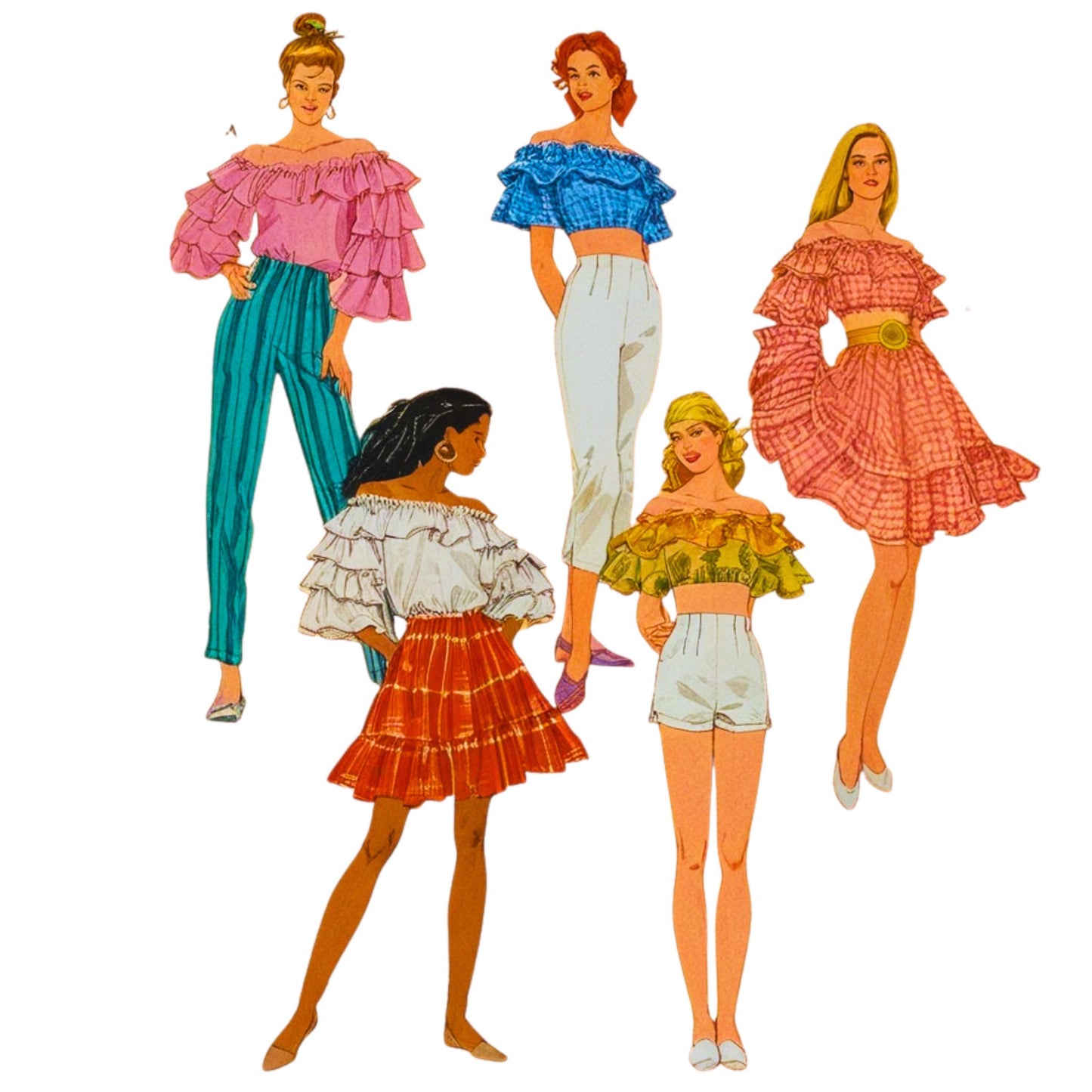 Illustrations of women wearing colorful outfits on a white background