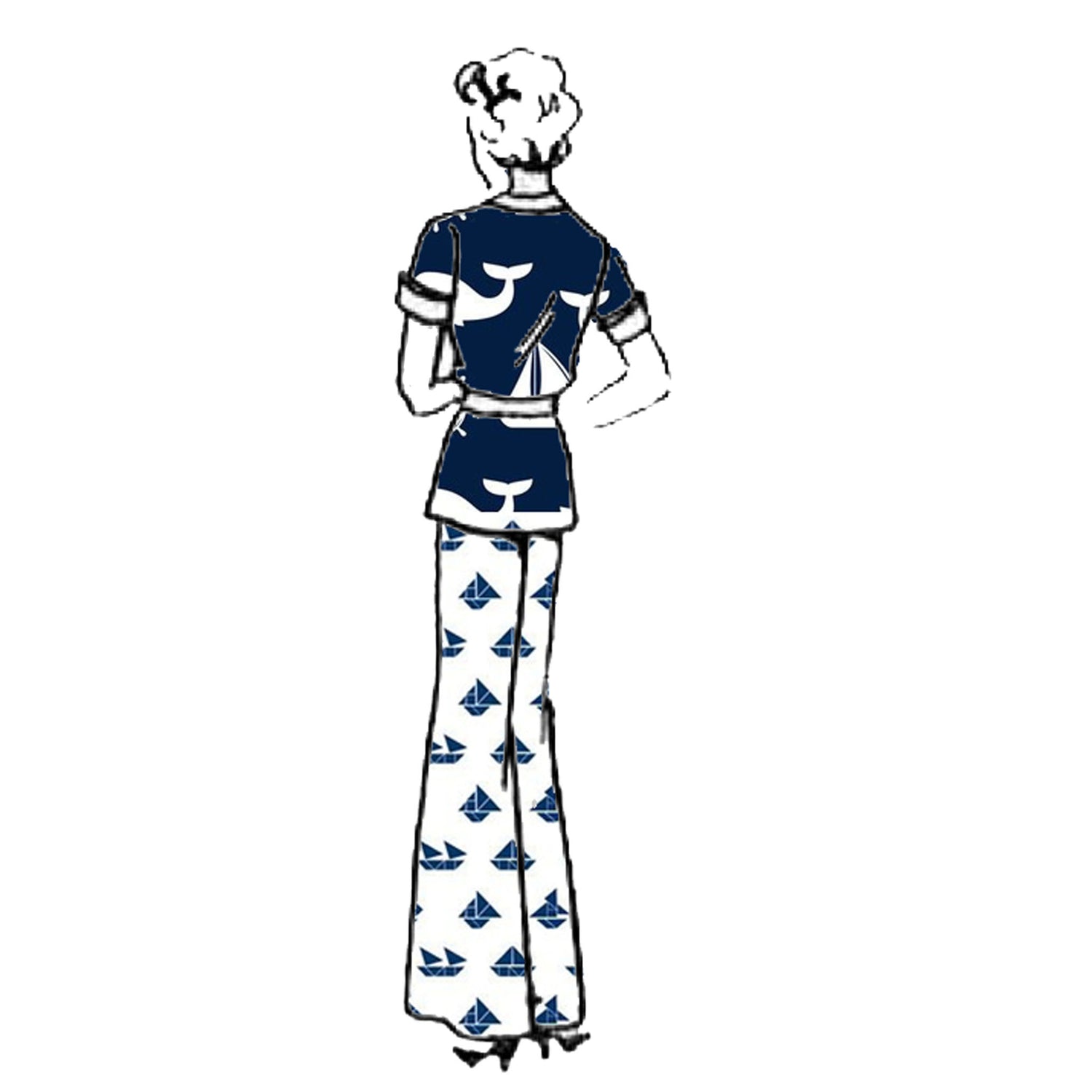 Woman wearing nautical beach pajamas made from a 1930s Bestway 11317 sewing pattern