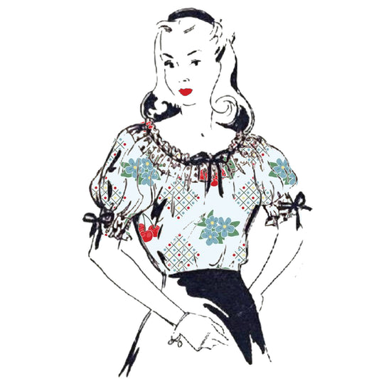 Woman wearing a 1940s Pattern, Gypsy Top, Blouse with Gathered Neck Detail