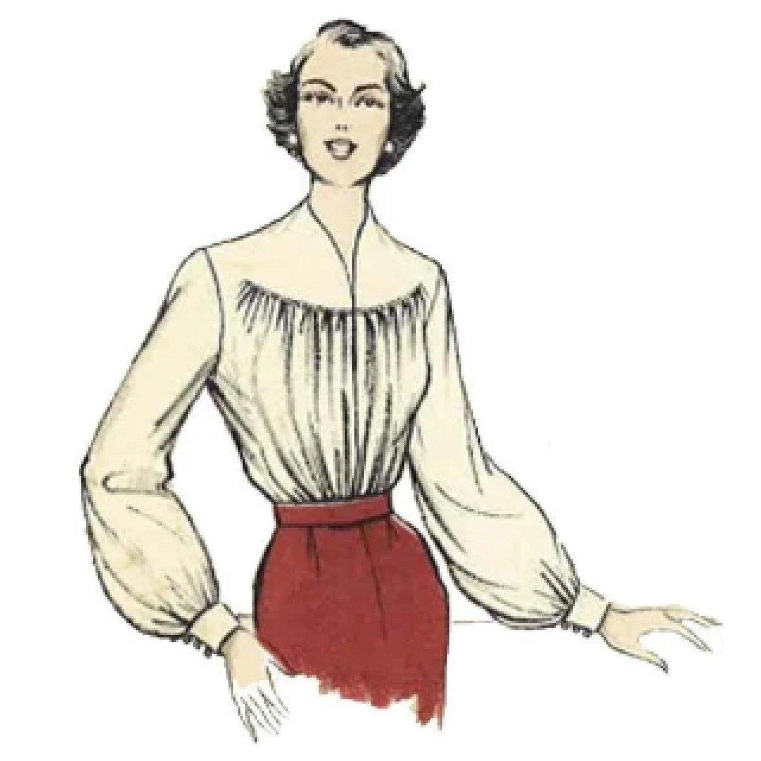 Woman wearing collarless 50s blouse with gathered bodice and long sleeves.
