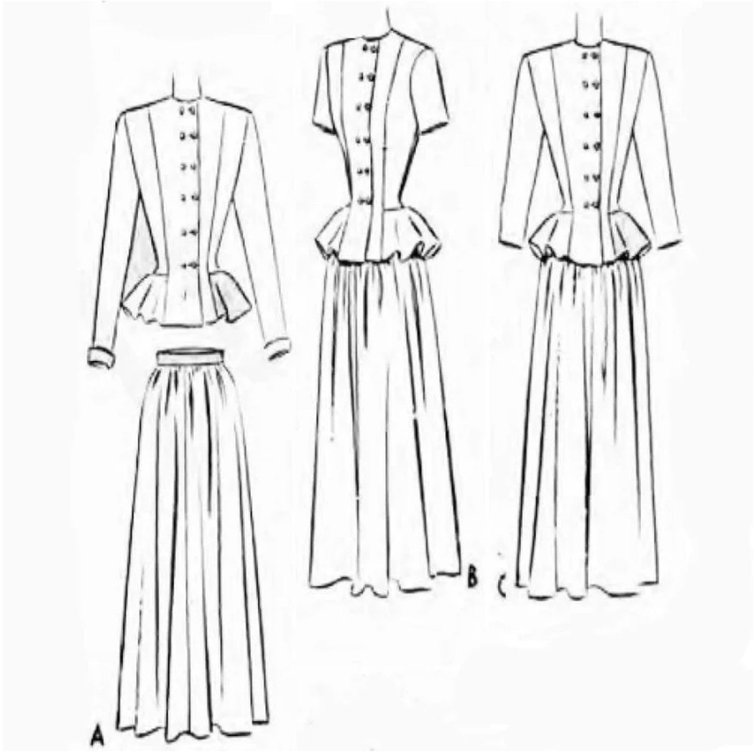 Line drawings of two-piece dress with sleeve variations