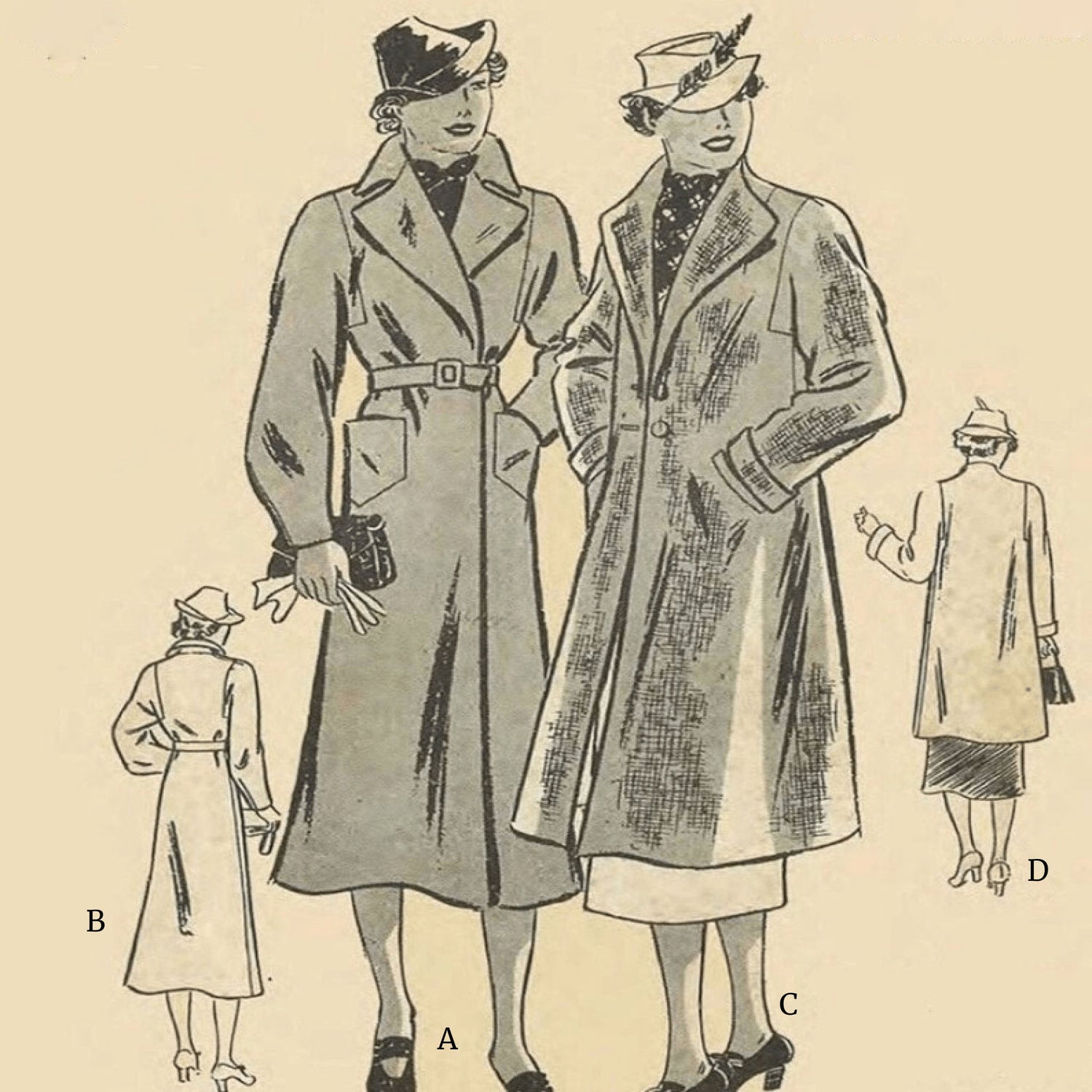 Two women wearing a 1930s swagger trench coat