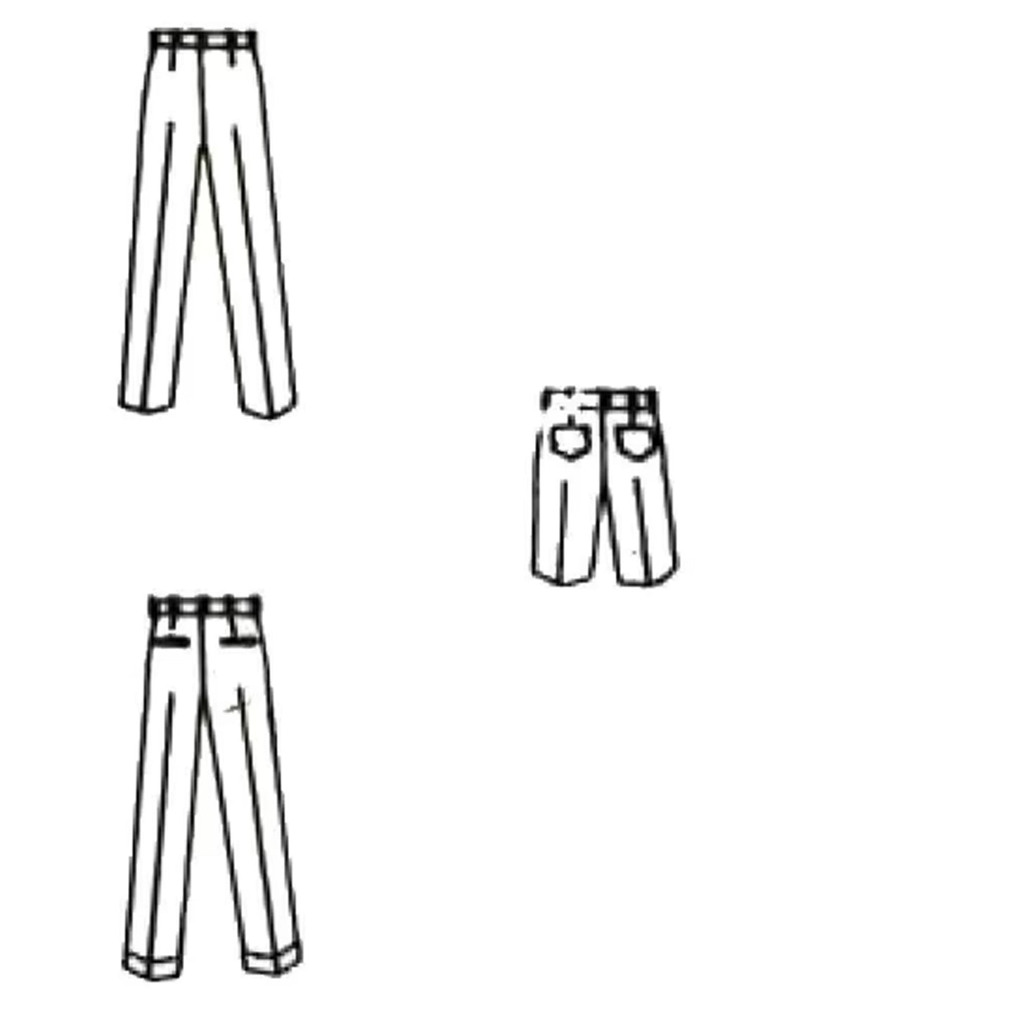 Line drawings of men's slacks and shorts