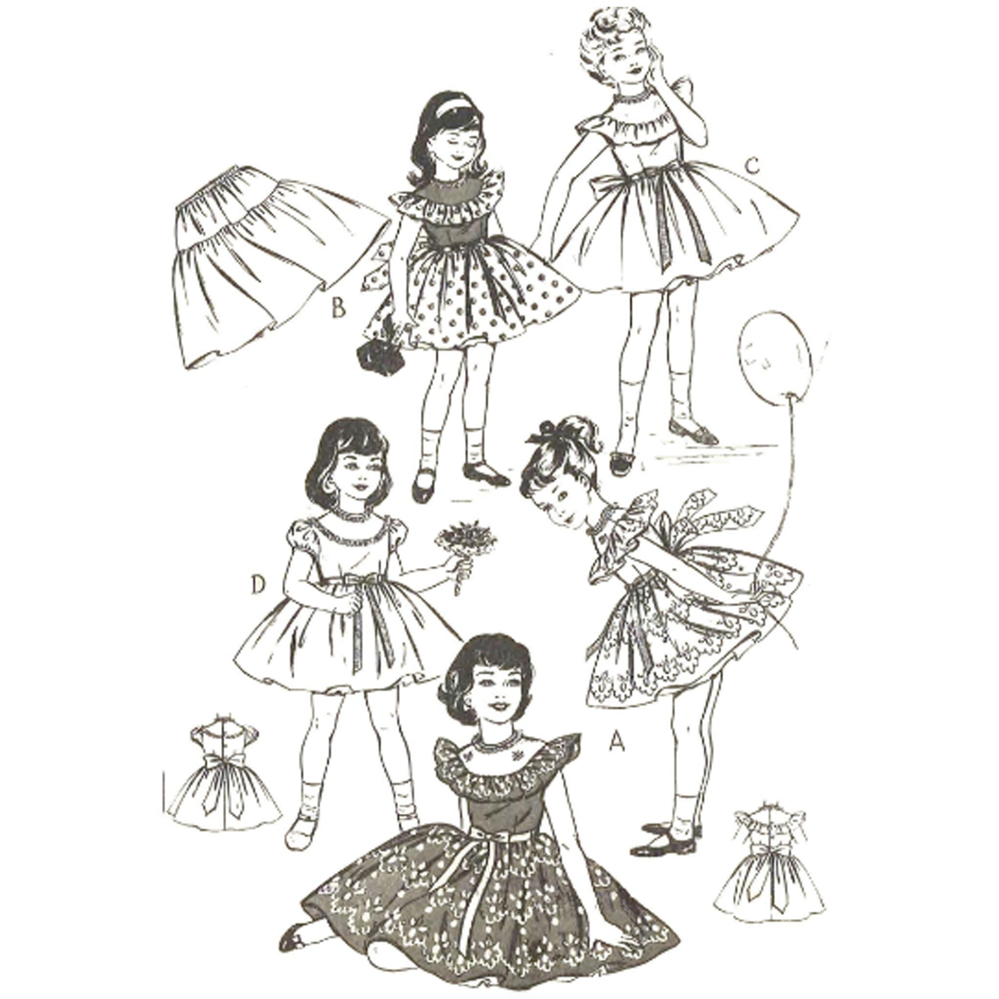 Illustration of 4 little girls weraing different variations of a party dress and under slip