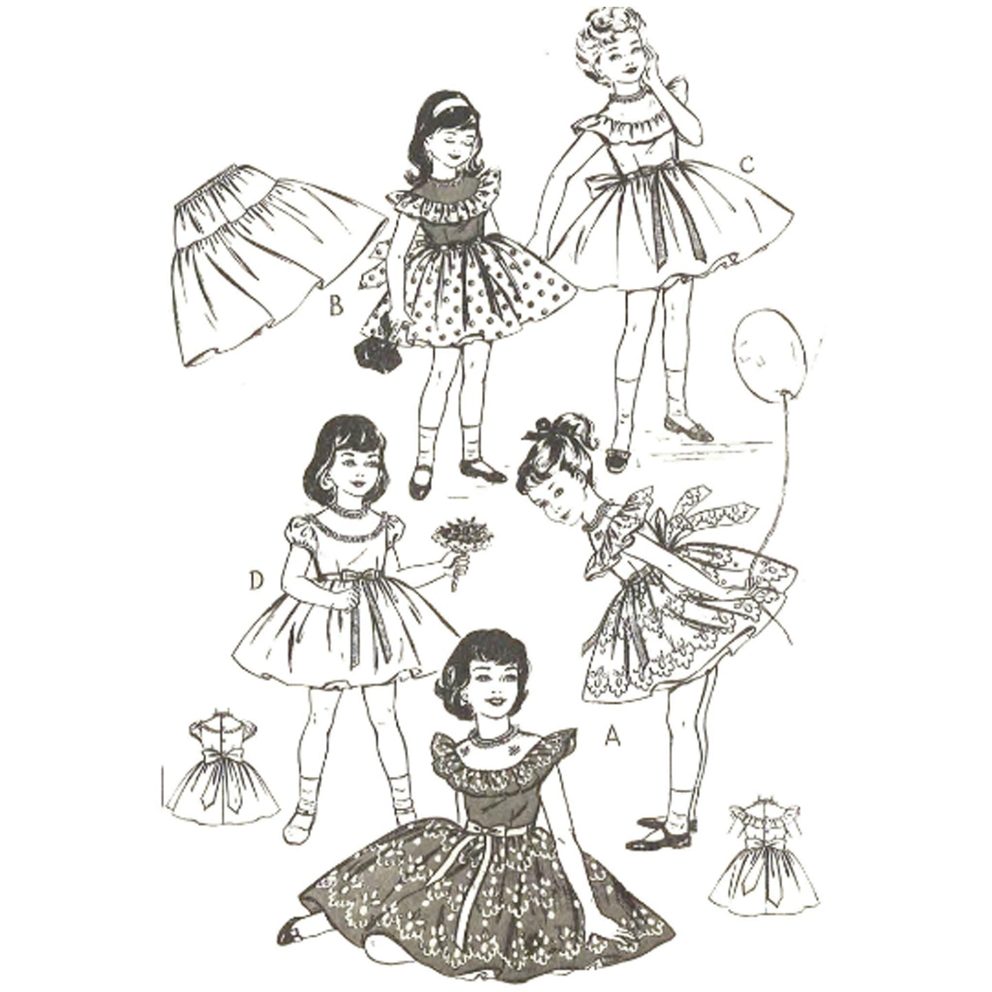 Illustration of 4 little girls weraing different variations of a party dress and under slip