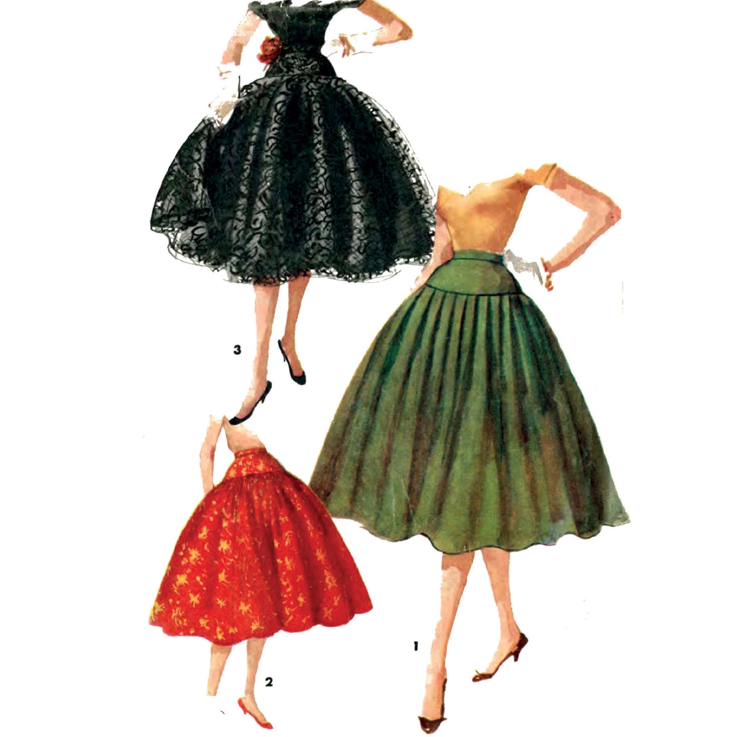 Women wearing skirts. Left top: View 3, black with new overlay. Left bottom: View 2, red. Right: View 1, green.