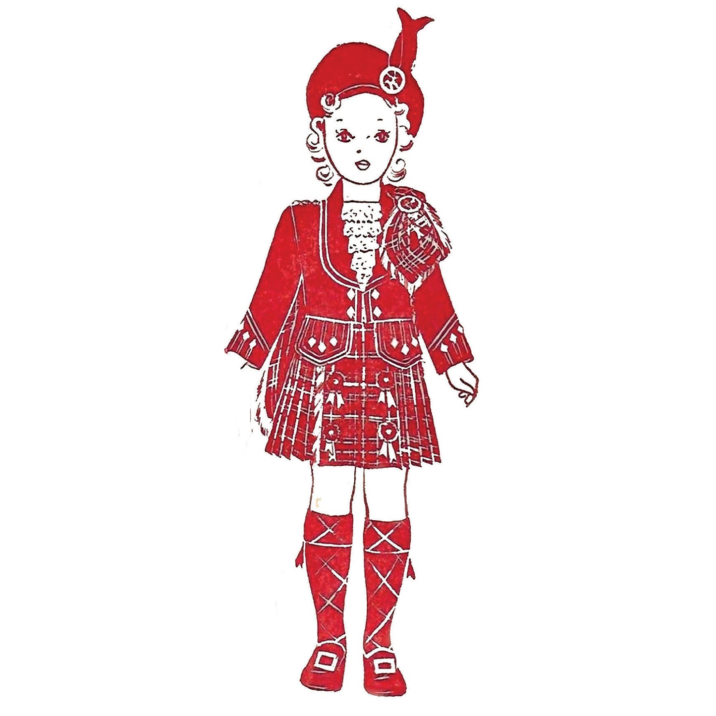 Illustration in red of child wearing Highland dress costume.