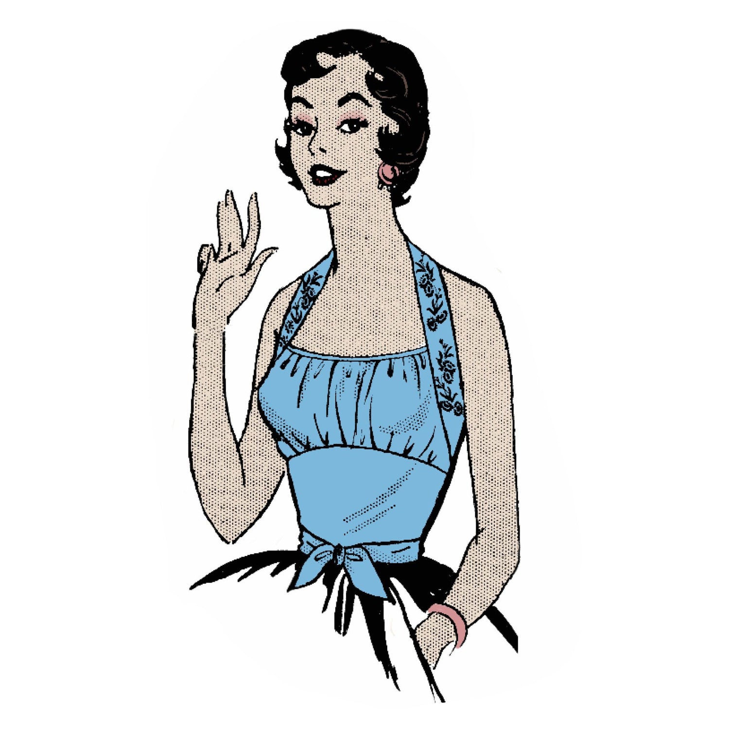 Woman wearing a blue wrap around halter neck top