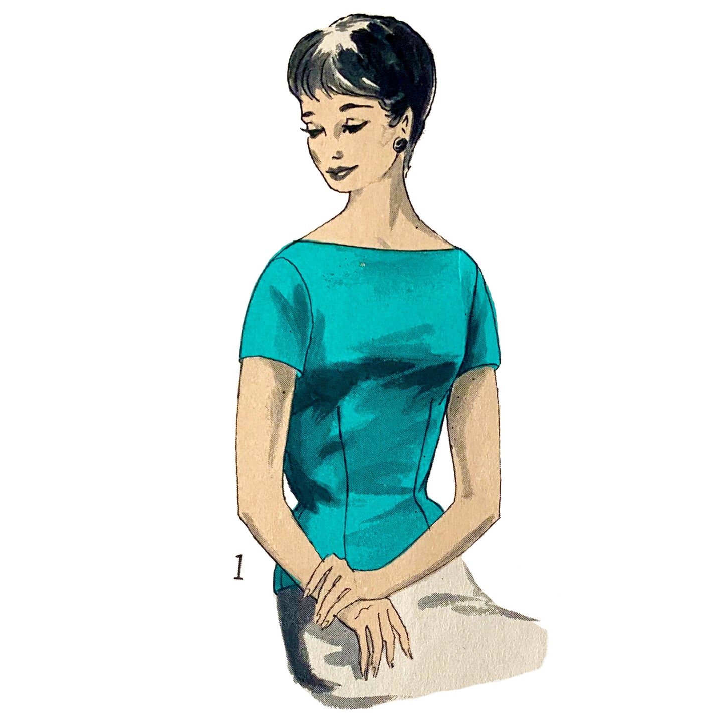 Illustration of a woman wearing a teal dress on a white background