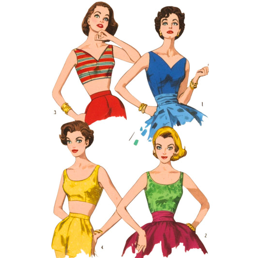 Four vintage-style women in colorful outfits on a white background