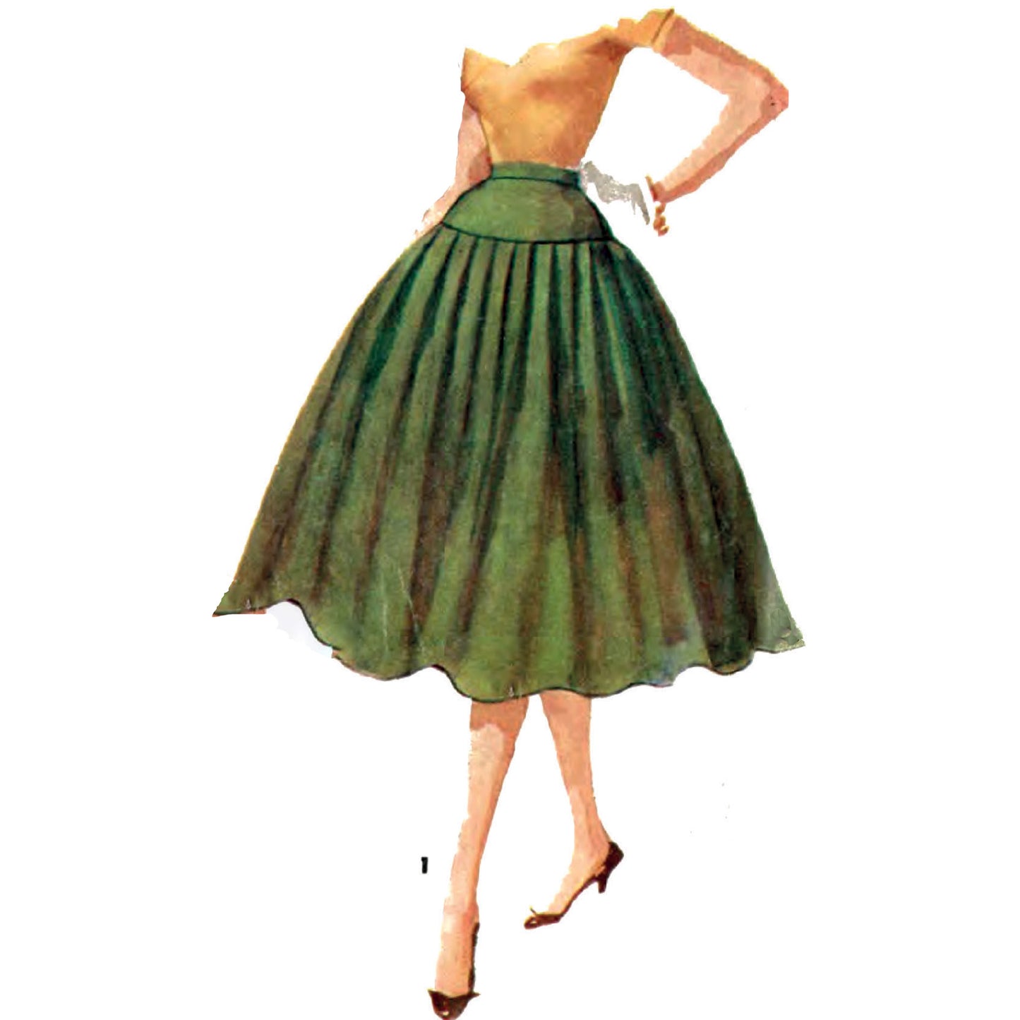 Illustration of green full gathered skirt with fitted waist