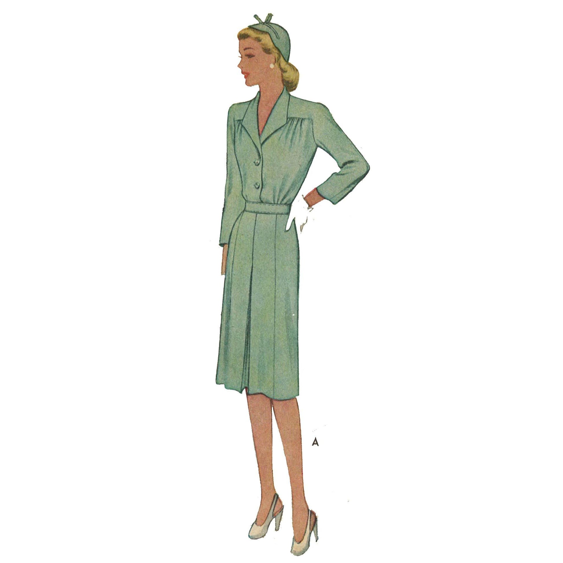1940s shirt dress Vogue 9701: Uncut WWII Shirtwaist Sz 32 Bust Vintage Sewing Pattern line skirt shape with pockets and matching removable belt 1940s summer outfit @weekenddoll