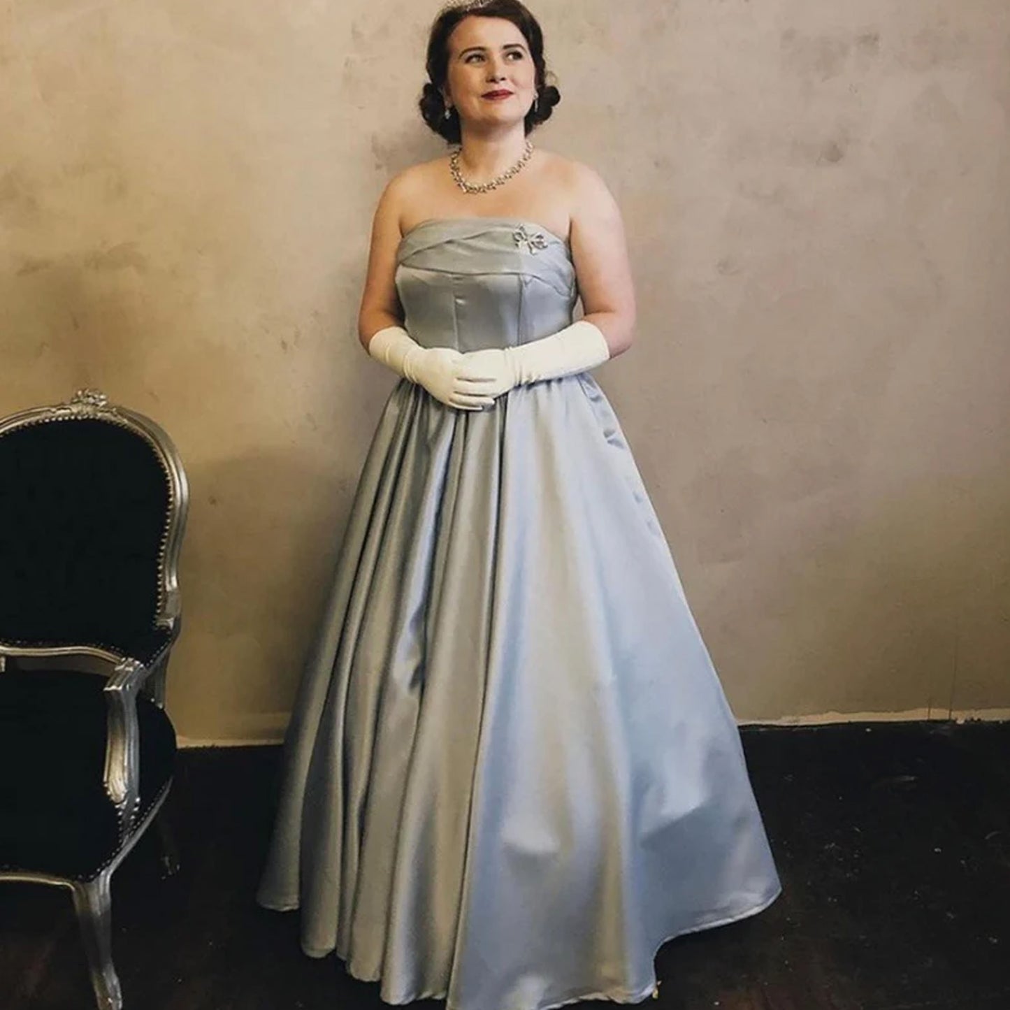 Hattie B Vintage wearing Queen Elizabeth gown in silver