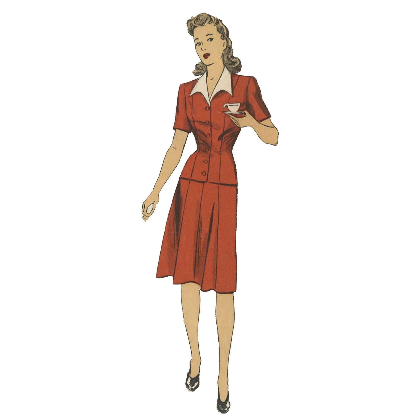 Woman wearing 1940s 2 piece dress.