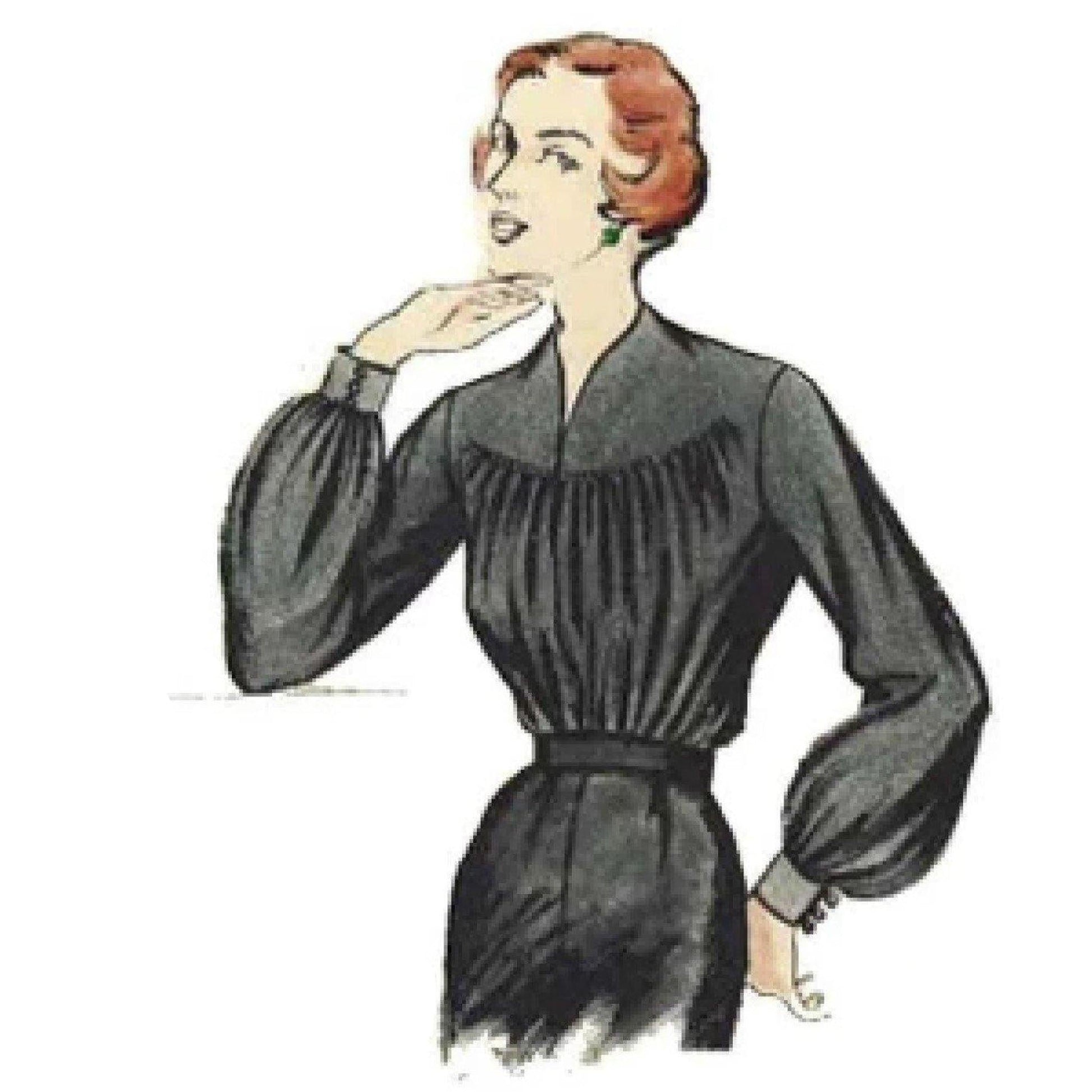 Woman wearing collarless 50s blouse with gathered bodice and long sleeves.