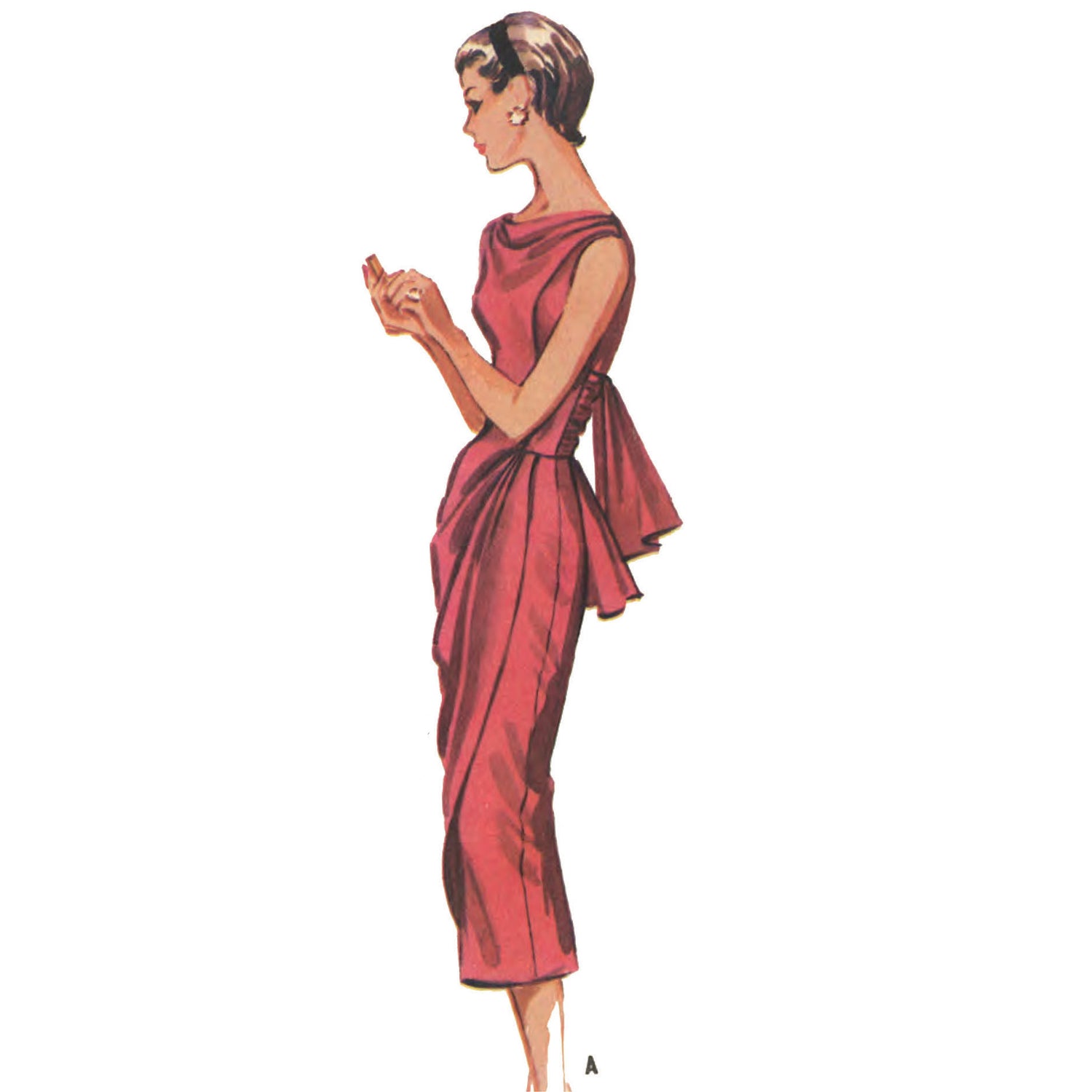 Woman wearing fitted and draped red dress with sash