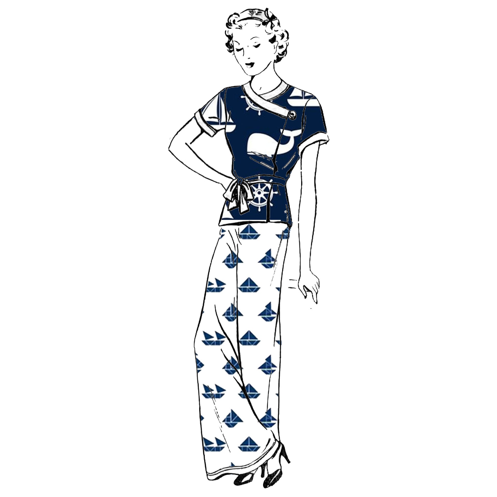 Woman wearing nautical beach pajamas made from a 1930s Bestway 11317 sewing pattern