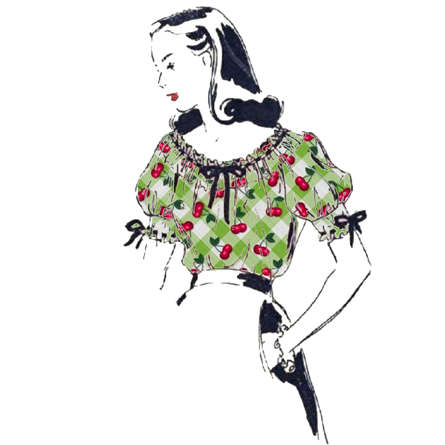 Woman wearing a 1940s Pattern, Gypsy Top, Blouse with Gathered Neck Detail