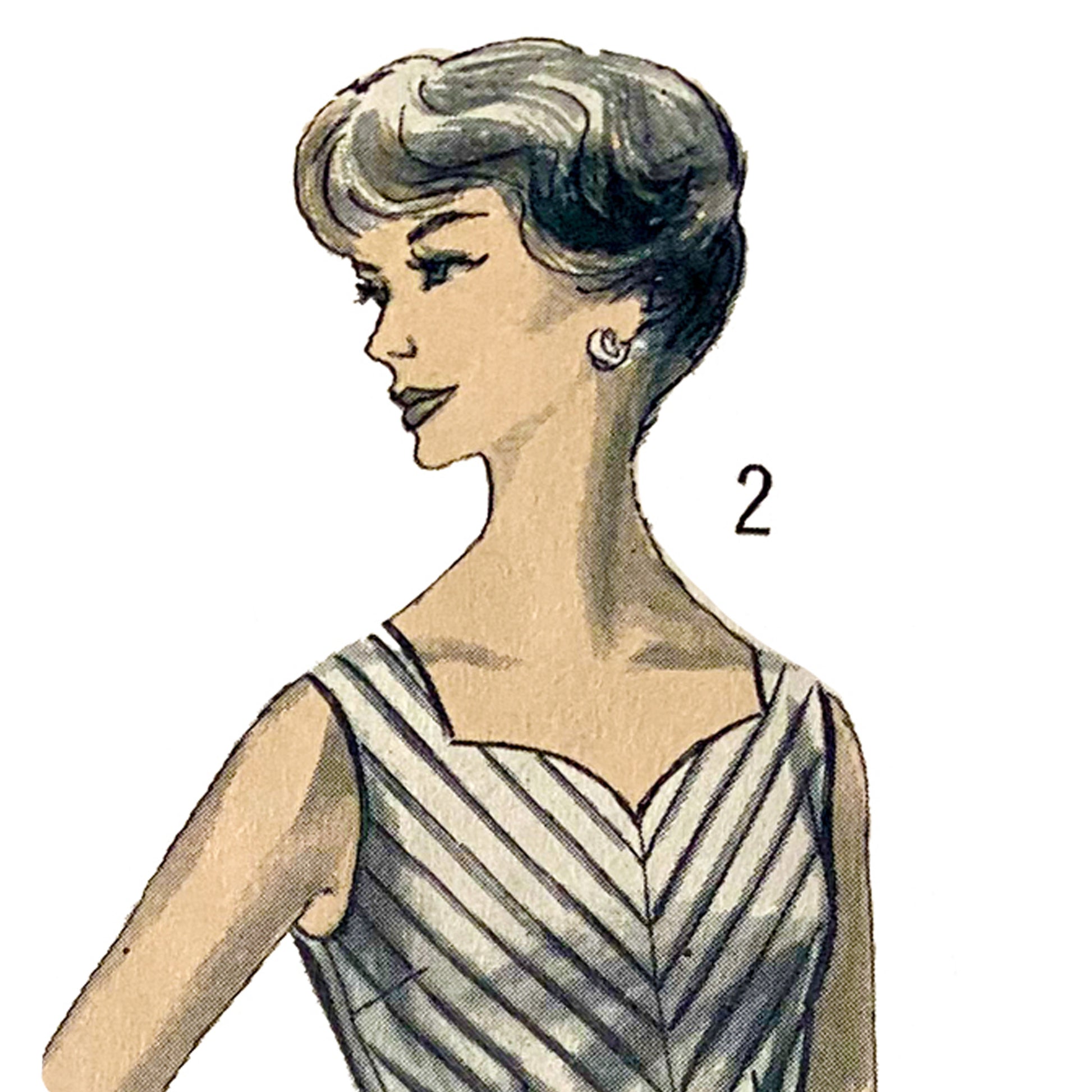 Illustration of a woman with vintage hairstyle and dress on a white background