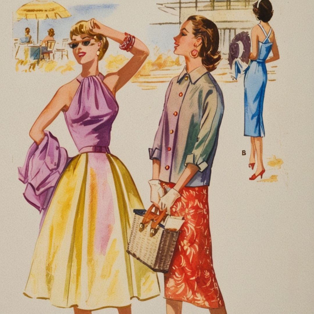 Vintage illustration of women in colorful dresses and outfits with a beach scene in the background.