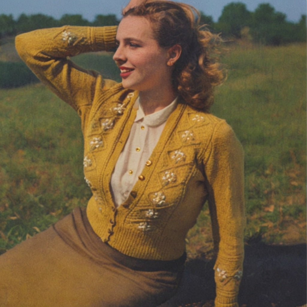 Woman in a yellow embroidered cardigan sitting in a field