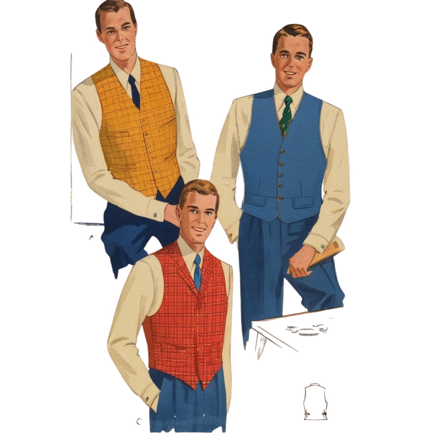 Three men wearing different colored vests with matching pants and shirts on a white background.