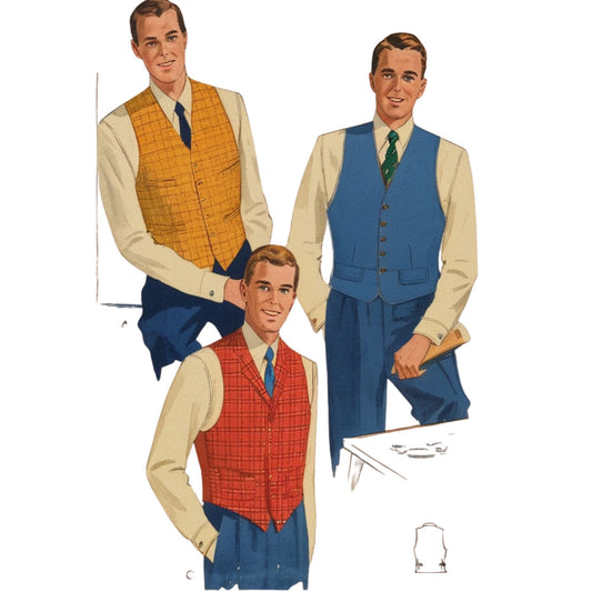 Three men wearing different colored vests with matching pants and shirts on a white background.