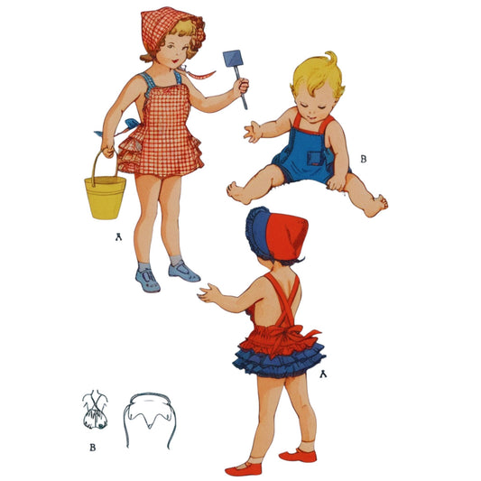 Illustration of three children in swimsuits with beach accessories on a white background.