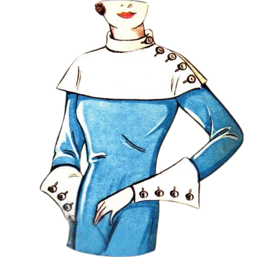 Illustration of a character wearing a blue dress with white accents on a white background