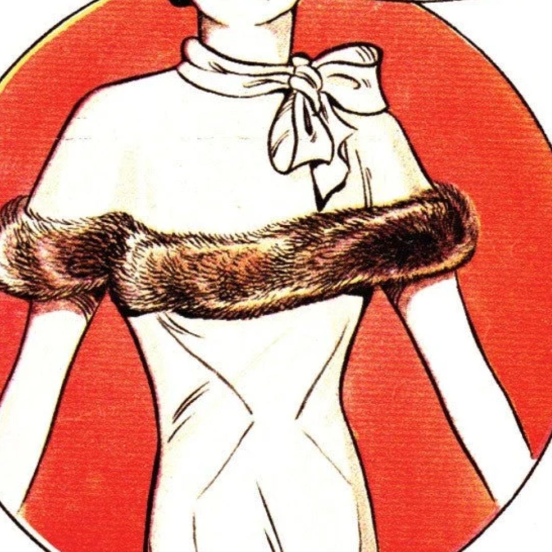 Illustration of a person wearing a fur-trimmed garment against a red background