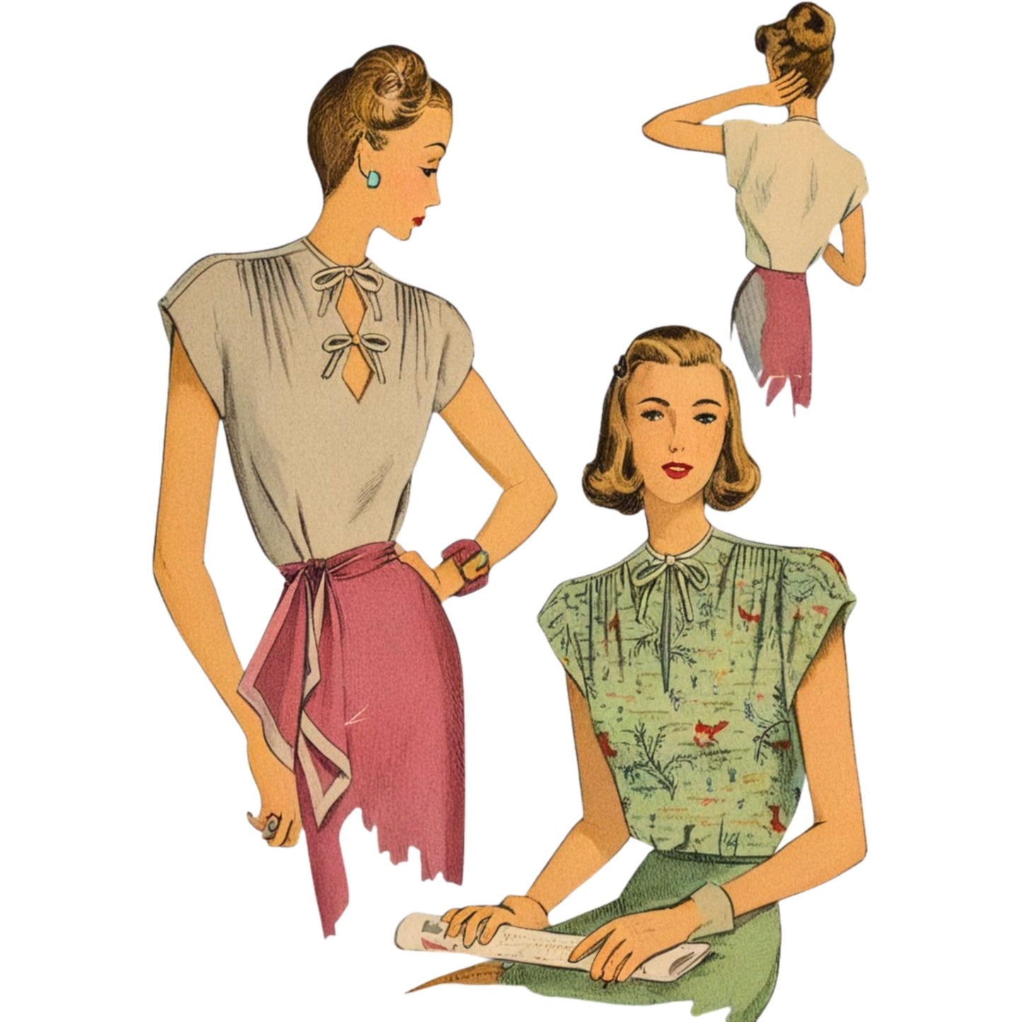 Vintage-style illustration of two women wearing blouses and skirts with a plain background